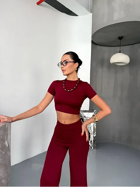 Osy Modal Yumuşak Dokulu Kumaş Kısa Kollu Crop Alt İspanyol Paça Pantalon İkili Takım - Bordo