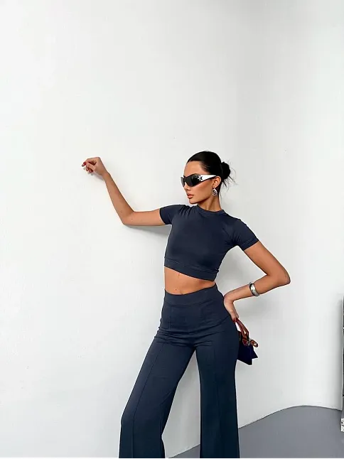 Osy Modal Yumuşak Dokulu Kumaş Kısa Kollu Crop Alt İspanyol Paça Pantalon İkili Takım - Füme