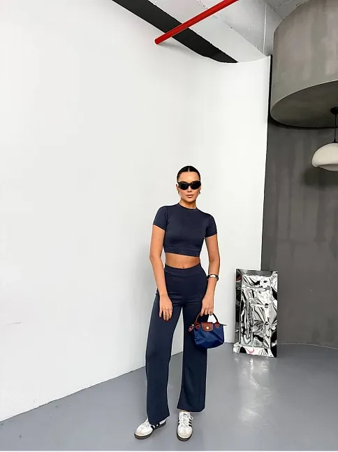 Osy Modal Yumuşak Dokulu Kumaş Kısa Kollu Crop Alt İspanyol Paça Pantalon İkili Takım - Füme