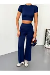 Osy Modal Yumuşak Dokulu Kumaş Kısa Kollu Crop Alt İspanyol Paça Pantalon İkili Takım - Lacivert
