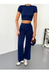 Osy Modal Yumuşak Dokulu Kumaş Kısa Kollu Crop Alt İspanyol Paça Pantalon İkili Takım - Lacivert