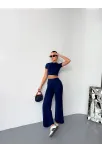 Osy Modal Yumuşak Dokulu Kumaş Kısa Kollu Crop Alt İspanyol Paça Pantalon İkili Takım - Lacivert