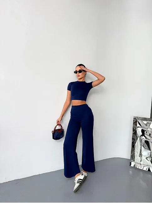 Osy Modal Yumuşak Dokulu Kumaş Kısa Kollu Crop Alt İspanyol Paça Pantalon İkili Takım - Lacivert