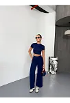 Osy Modal Yumuşak Dokulu Kumaş Kısa Kollu Crop Alt İspanyol Paça Pantalon İkili Takım - Lacivert