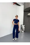Osy Modal Yumuşak Dokulu Kumaş Kısa Kollu Crop Alt İspanyol Paça Pantalon İkili Takım - Lacivert