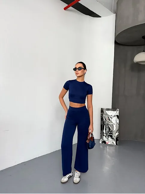 Osy Modal Yumuşak Dokulu Kumaş Kısa Kollu Crop Alt İspanyol Paça Pantalon İkili Takım - Lacivert