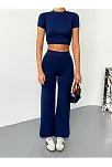 Osy Modal Yumuşak Dokulu Kumaş Kısa Kollu Crop Alt İspanyol Paça Pantalon İkili Takım - Lacivert