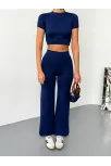 Osy Modal Yumuşak Dokulu Kumaş Kısa Kollu Crop Alt İspanyol Paça Pantalon İkili Takım - Lacivert
