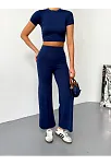 Osy Modal Yumuşak Dokulu Kumaş Kısa Kollu Crop Alt İspanyol Paça Pantalon İkili Takım - Lacivert