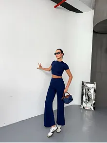 Osy Modal Yumuşak Dokulu Kumaş Kısa Kollu Crop Alt İspanyol Paça Pantalon İkili Takım - Lacivert