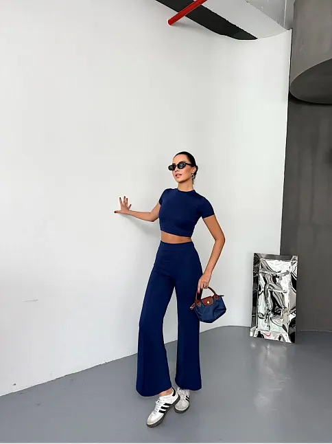 Osy Modal Yumuşak Dokulu Kumaş Kısa Kollu Crop Alt İspanyol Paça Pantalon İkili Takım - Lacivert