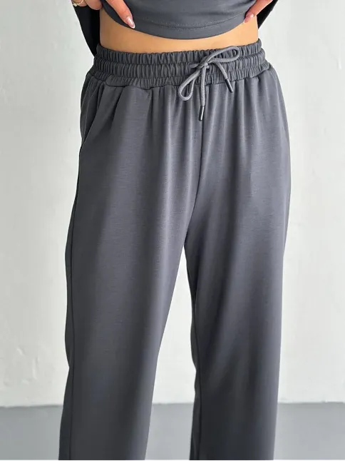 Osy Modal Yumuşak Dokulu Kumaş Kısa Kollu Yakalı T-shirt Pantalon İkili Takım- Antrasit