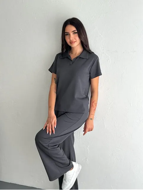 Osy Modal Yumuşak Dokulu Kumaş Kısa Kollu Yakalı T-shirt Pantalon İkili Takım- Antrasit