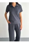 Osy Modal Yumuşak Dokulu Kumaş Kısa Kollu Yakalı T-shirt Pantalon İkili Takım- Antrasit