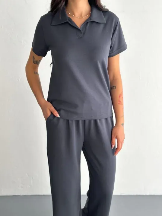 Osy Modal Yumuşak Dokulu Kumaş Kısa Kollu Yakalı T-shirt Pantalon ikili Takım- Antrasit Osy Modal Yumuşak Dokulu Kumaş Kısa Kollu Yakalı T-shirt Pantalon ikili Takım- Antrasit
