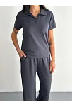 Osy Modal Yumuşak Dokulu Kumaş Kısa Kollu Yakalı T-shirt Pantalon İkili Takım- Antrasit