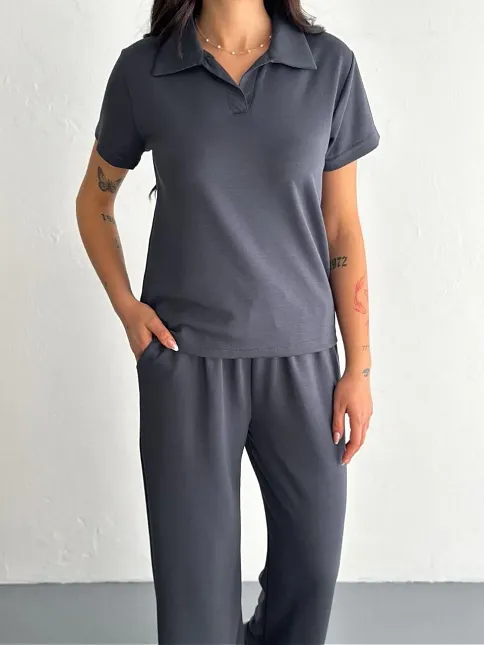 Osy Modal Yumuşak Dokulu Kumaş Kısa Kollu Yakalı T-shirt Pantalon İkili Takım- Antrasit