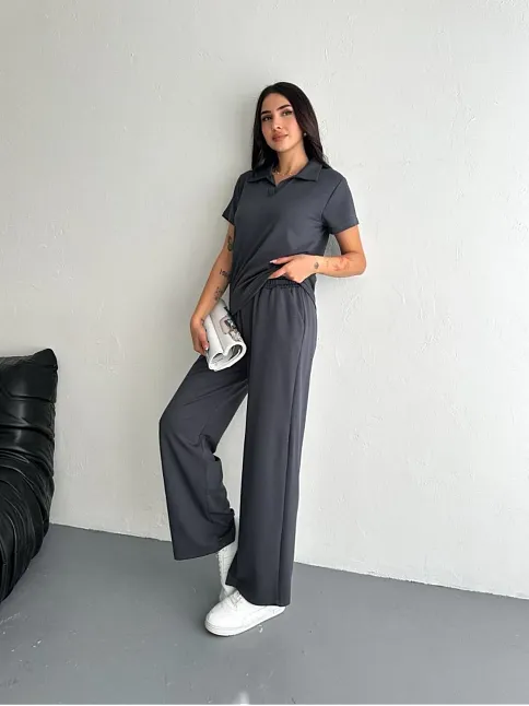 Osy Modal Yumuşak Dokulu Kumaş Kısa Kollu Yakalı T-shirt Pantalon İkili Takım- Antrasit