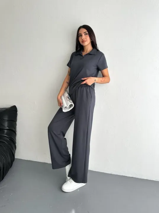Osy Modal Yumuşak Dokulu Kumaş Kısa Kollu Yakalı T-shirt Pantalon ikili Takım- Antrasit