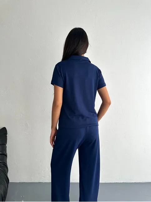 Osy Modal Yumuşak Dokulu Kumaş Kısa Kollu Yakalı T-shirt Pantalon İkili Takım- Lacivert