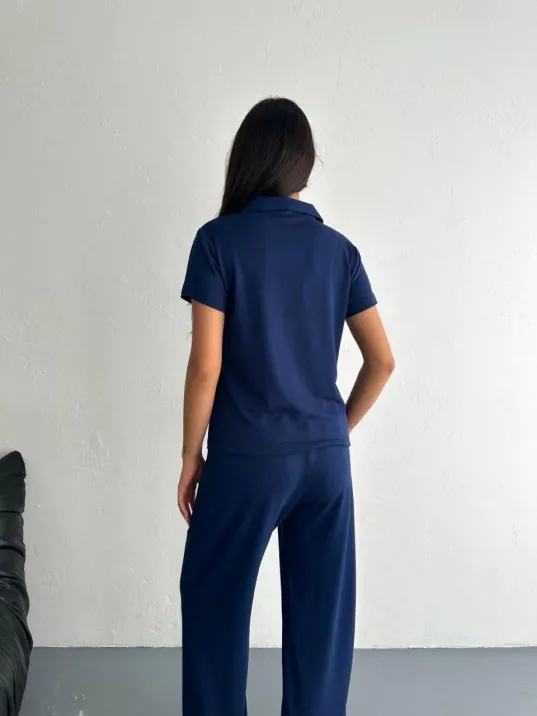 Osy Modal Yumuşak Dokulu Kumaş Kısa Kollu Yakalı T-shirt Pantalon ikili Takım- Lacivert
