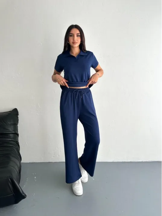 Osy Modal Yumuşak Dokulu Kumaş Kısa Kollu Yakalı T-shirt Pantalon ikili Takım- Lacivert