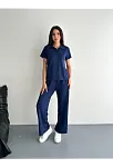 Osy Modal Yumuşak Dokulu Kumaş Kısa Kollu Yakalı T-shirt Pantalon İkili Takım- Lacivert
