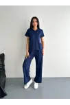 Osy Modal Yumuşak Dokulu Kumaş Kısa Kollu Yakalı T-shirt Pantalon İkili Takım- Lacivert