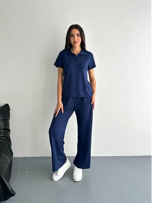 Osy Modal Yumuşak Dokulu Kumaş Kısa Kollu Yakalı T-shirt Pantalon İkili Takım- Lacivert