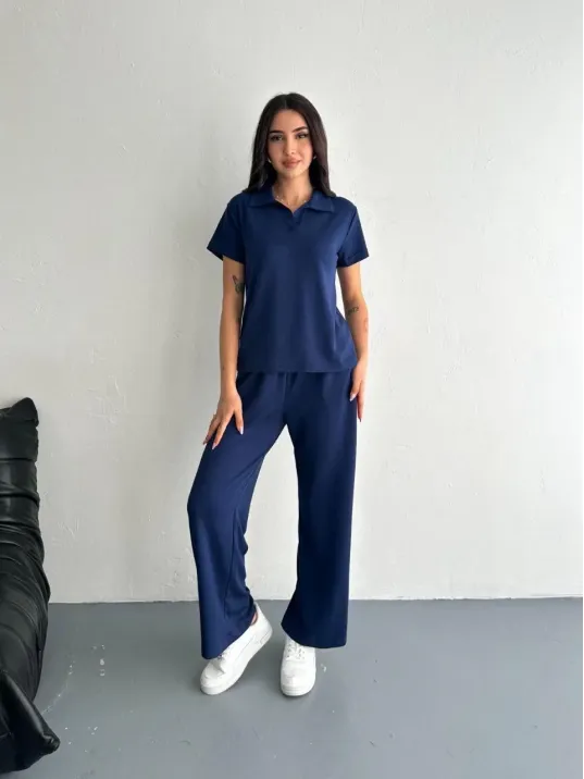 Osy Modal Yumuşak Dokulu Kumaş Kısa Kollu Yakalı T-shirt Pantalon ikili Takım- Lacivert