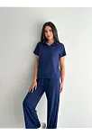 Osy Modal Yumuşak Dokulu Kumaş Kısa Kollu Yakalı T-shirt Pantalon İkili Takım- Lacivert