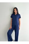Osy Modal Yumuşak Dokulu Kumaş Kısa Kollu Yakalı T-shirt Pantalon İkili Takım- Lacivert