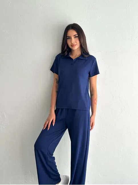 Osy Modal Yumuşak Dokulu Kumaş Kısa Kollu Yakalı T-shirt Pantalon İkili Takım- Lacivert