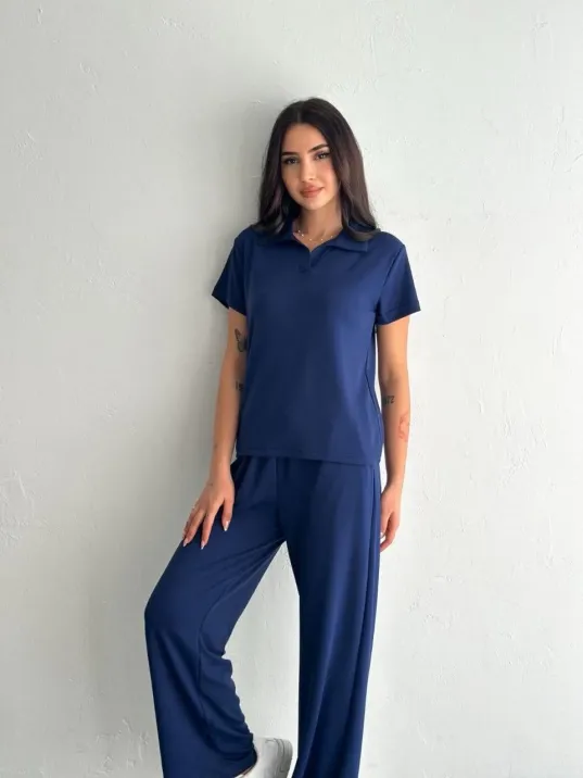 Osy Modal Yumuşak Dokulu Kumaş Kısa Kollu Yakalı T-shirt Pantalon ikili Takım- Lacivert