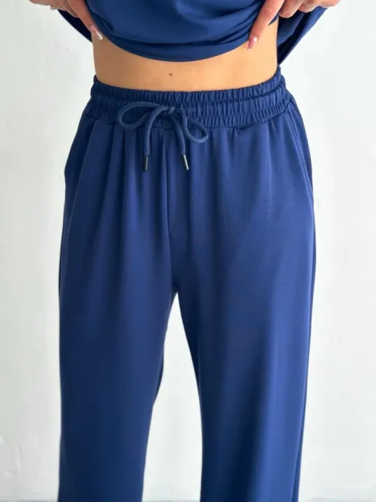 Osy Modal Yumuşak Dokulu Kumaş Kısa Kollu Yakalı T-shirt Pantalon ikili Takım- Lacivert