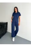 Osy Modal Yumuşak Dokulu Kumaş Kısa Kollu Yakalı T-shirt Pantalon İkili Takım- Lacivert