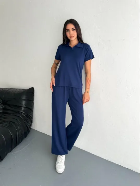 Osy Modal Yumuşak Dokulu Kumaş Kısa Kollu Yakalı T-shirt Pantalon ikili Takım- Lacivert