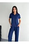 Osy Modal Yumuşak Dokulu Kumaş Kısa Kollu Yakalı T-shirt Pantalon İkili Takım- Lacivert