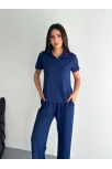 Osy Modal Yumuşak Dokulu Kumaş Kısa Kollu Yakalı T-shirt Pantalon İkili Takım- Lacivert