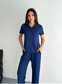 Osy Modal Yumuşak Dokulu Kumaş Kısa Kollu Yakalı T-shirt Pantalon İkili Takım- Lacivert