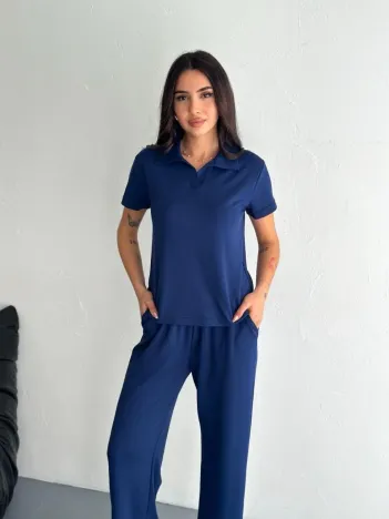 Osy Modal Yumuşak Dokulu Kumaş Kısa Kollu Yakalı T-shirt Pantalon ikili Takım- Lacivert Osy Modal Yumuşak Dokulu Kumaş Kısa Kollu Yakalı T-shirt Pantalon ikili Takım- Lacivert