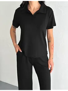 Osy Modal Yumuşak Dokulu Kumaş Kısa Kollu Yakalı T-shirt Pantalon İkili Takım- Siyah