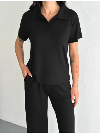 Osy Modal Yumuşak Dokulu Kumaş Kısa Kollu Yakalı T-shirt Pantalon ikili Takım- Siyah Osy Modal Yumuşak Dokulu Kumaş Kısa Kollu Yakalı T-shirt Pantalon ikili Takım- Siyah