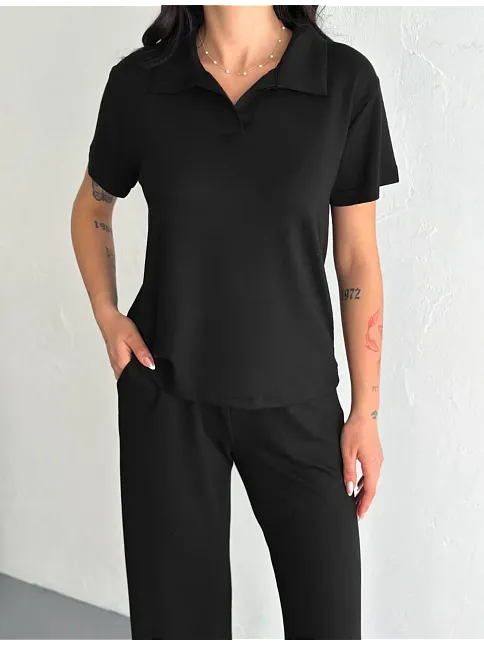 Osy Modal Yumuşak Dokulu Kumaş Kısa Kollu Yakalı T-shirt Pantalon İkili Takım- Siyah