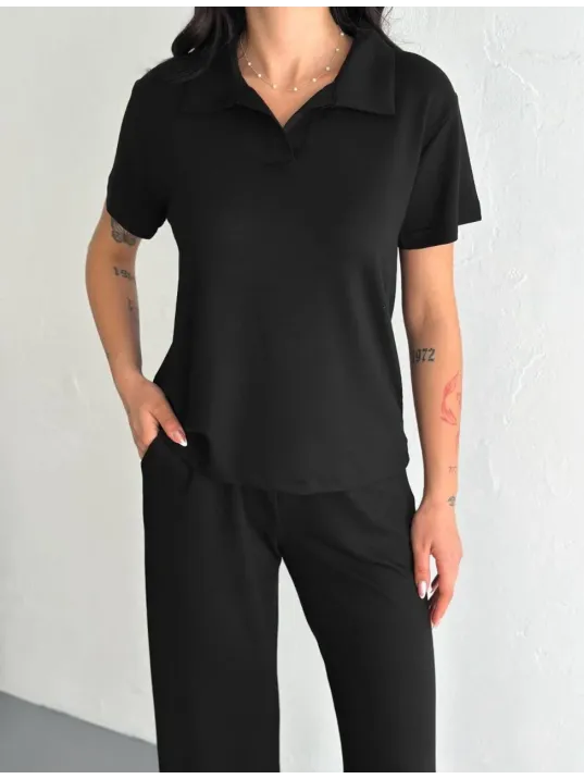 Osy Modal Yumuşak Dokulu Kumaş Kısa Kollu Yakalı T-shirt Pantalon ikili Takım- Siyah Osy Modal Yumuşak Dokulu Kumaş Kısa Kollu Yakalı T-shirt Pantalon ikili Takım- Siyah