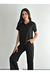 Osy Modal Yumuşak Dokulu Kumaş Kısa Kollu Yakalı T-shirt Pantalon İkili Takım- Siyah