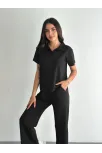 Osy Modal Yumuşak Dokulu Kumaş Kısa Kollu Yakalı T-shirt Pantalon İkili Takım- Siyah Osy Modal Yumuşak Dokulu Kumaş Kısa Kollu Yakalı T-shirt Pantalon İkili Takım- Siyah