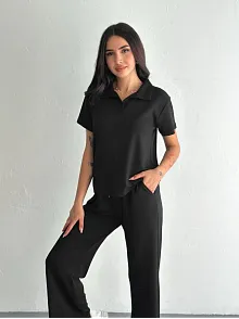 Osy Modal Yumuşak Dokulu Kumaş Kısa Kollu Yakalı T-shirt Pantalon İkili Takım- Siyah