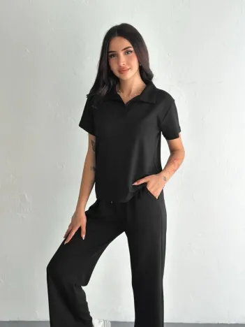 Osy Modal Yumuşak Dokulu Kumaş Kısa Kollu Yakalı T-shirt Pantalon ikili Takım- Siyah Osy Modal Yumuşak Dokulu Kumaş Kısa Kollu Yakalı T-shirt Pantalon ikili Takım- Siyah