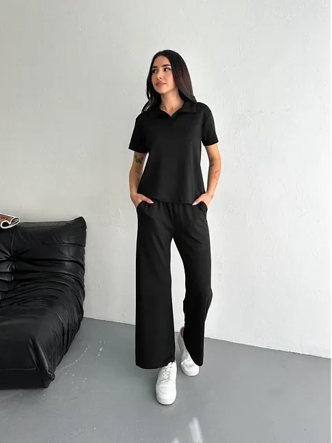Osy Modal Yumuşak Dokulu Kumaş Kısa Kollu Yakalı T-shirt Pantalon İkili Takım- Siyah